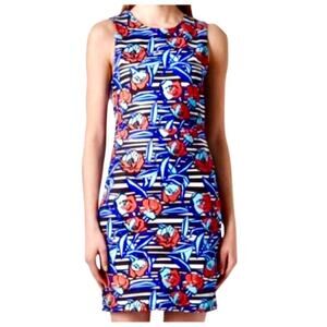 TOPSHOP Dress Floral Mini Sleeveless High Neck Scuba Stripe Blue Pink Black 6